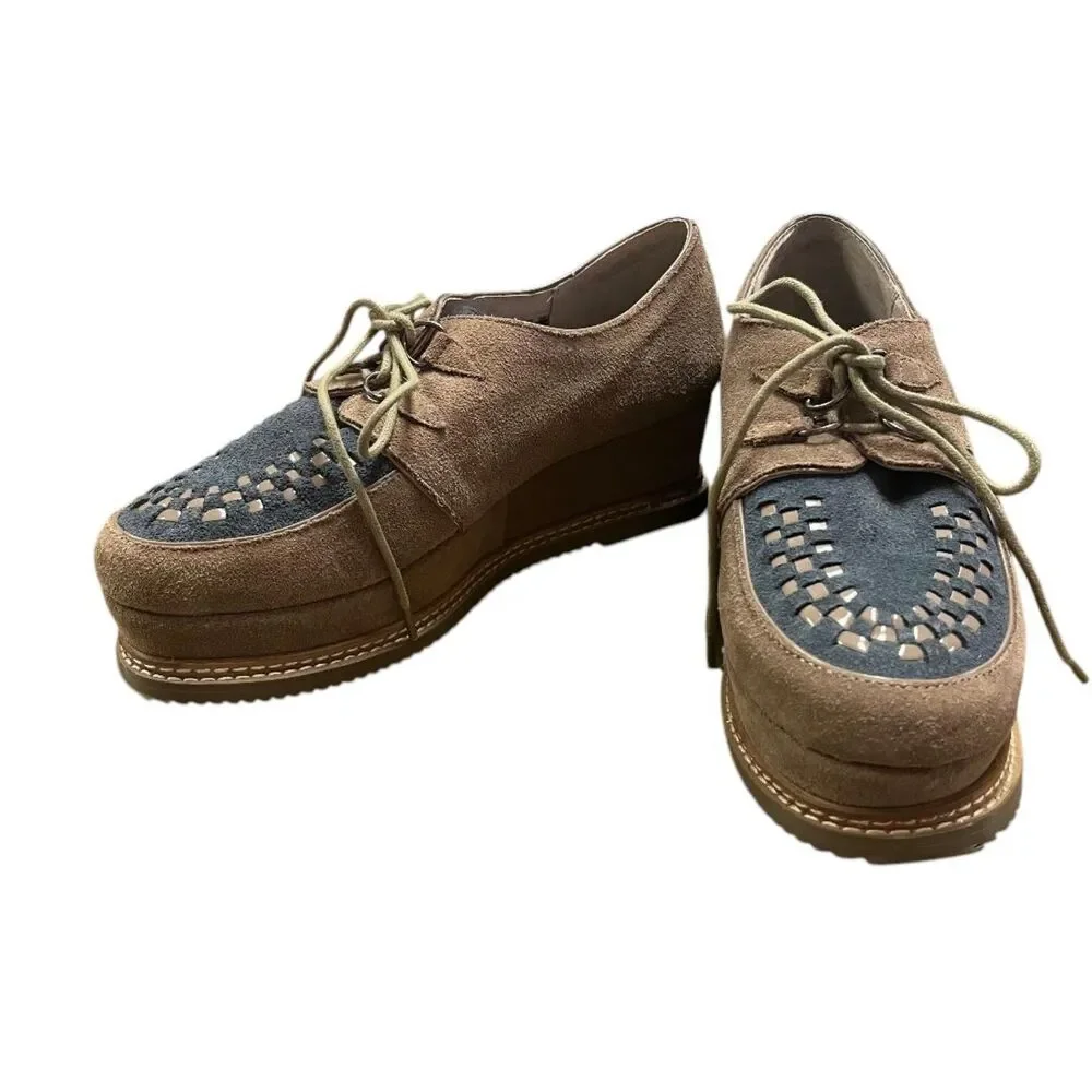 Very Volatile Women's Platform Creeper-Style Loafers Brown & Blue Suede Sz 10